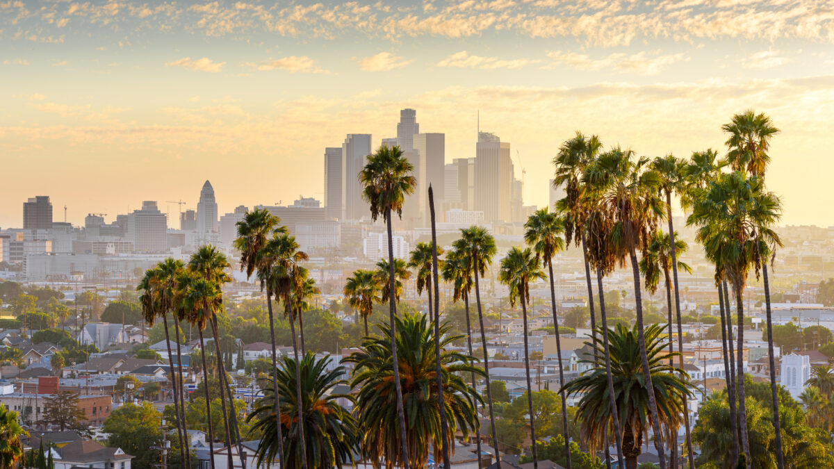 Vue de downtown Los Angeles avec des palmiers au premier plan.