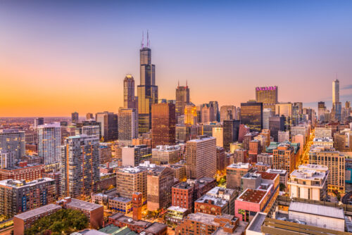 Chicago, Illinois, USA downtown city skyline from above at dusk.