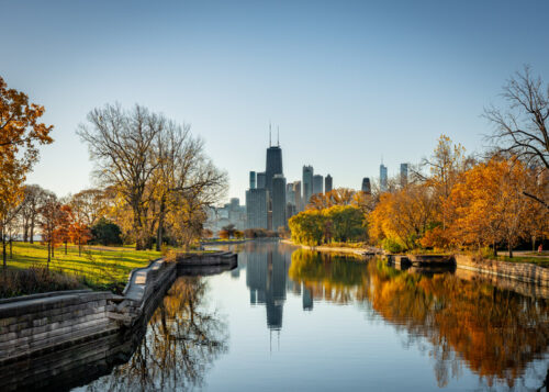 Photo of the Chicago skyline at dawn looking south from Lincoln Park