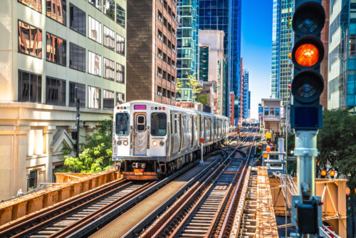 Chicago L elevated rapid transit system station and train view, Illinois, USA