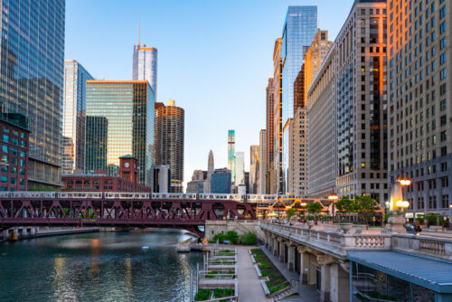 View of Downtown Chicago, Illinois with Chicago River and River Walk at disk